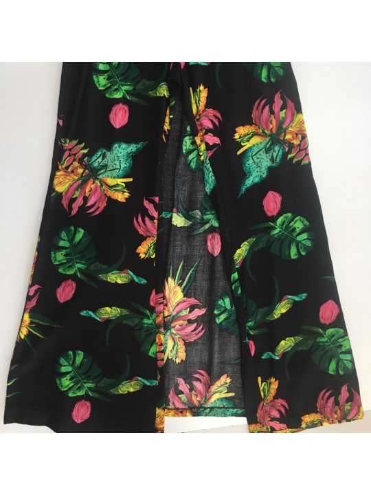 Calça saia pantalona floral Preto