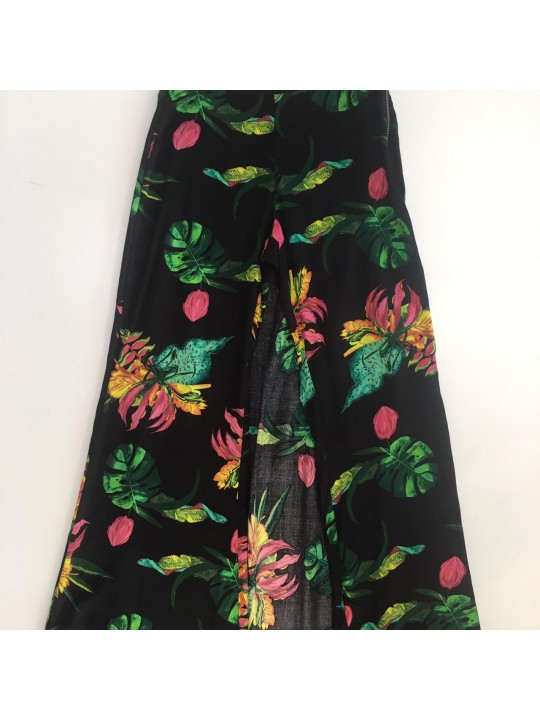 Calça saia pantalona floral Preto